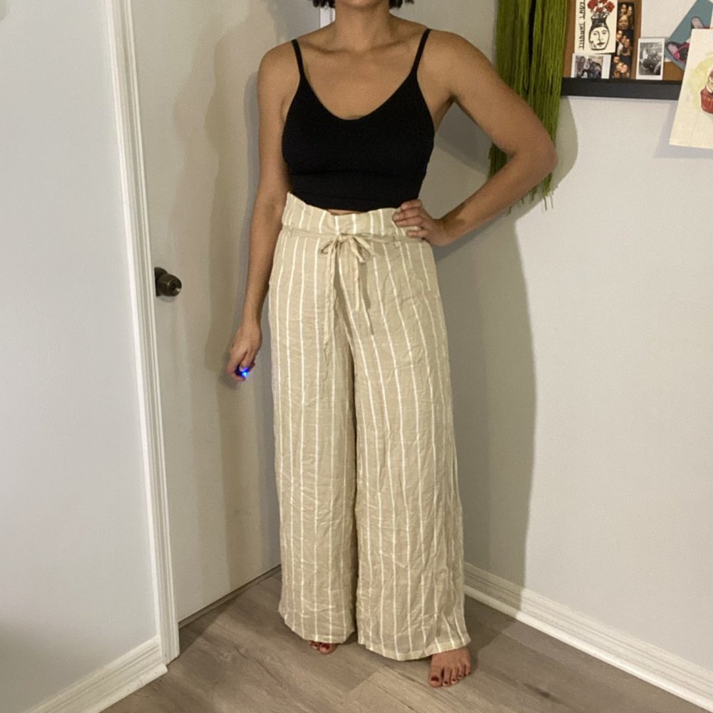 Day by Day Beige Striped High-Waisted Wide Leg Pants Lulus